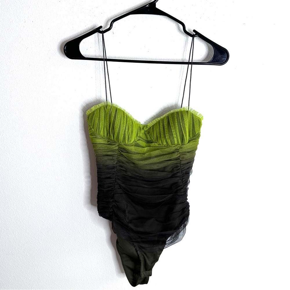 NWT ZARA S WOMAN TULLE CORSET-STYLE BODYSUIT GREENS